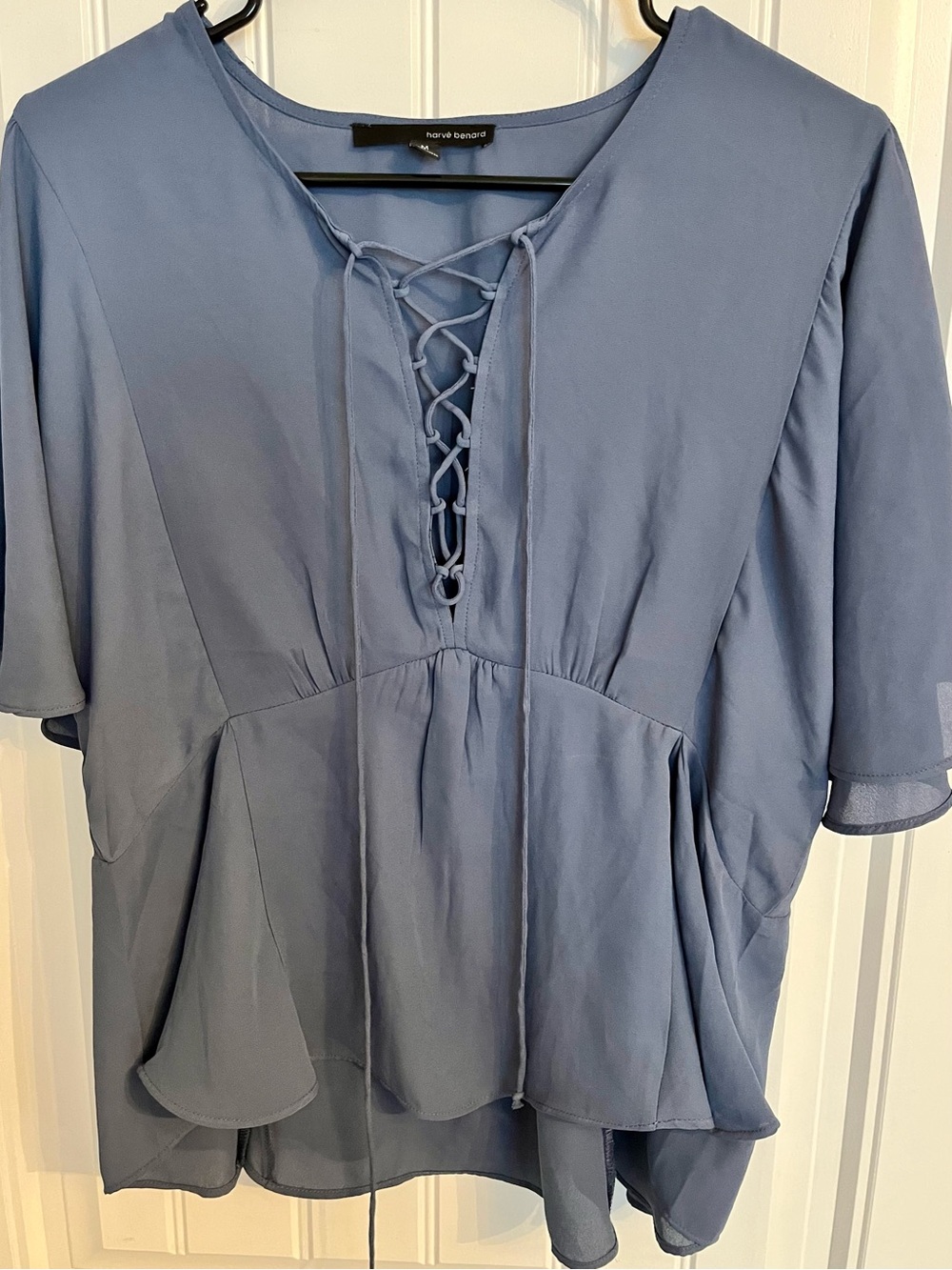 Harve Benard Lace-Up Peplum Blouse in Dusty Blue - Medium